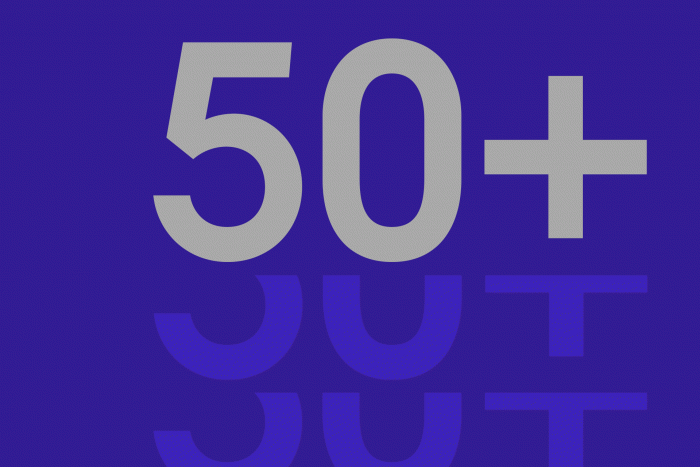 50+ Graphic on blue background
